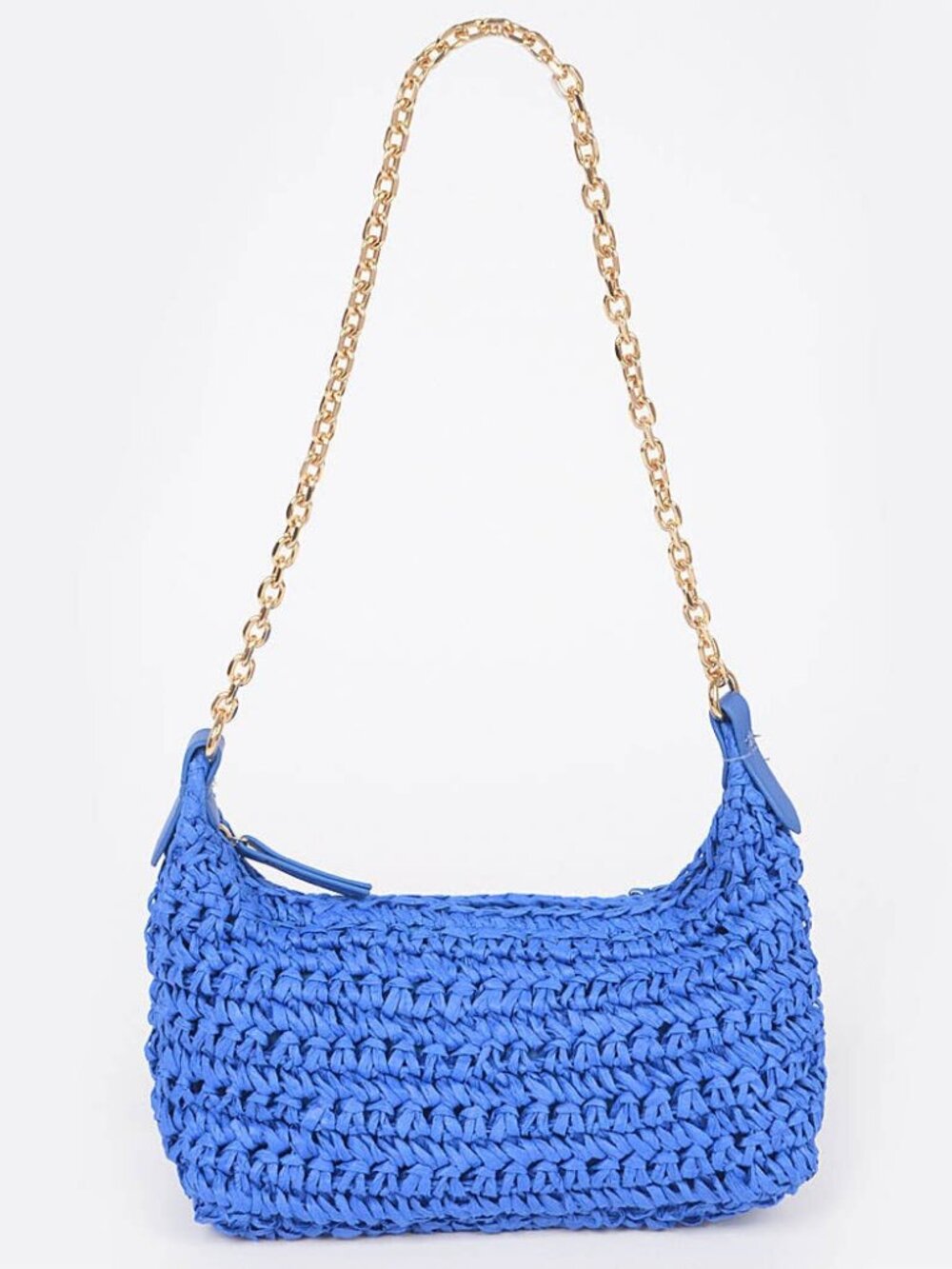 Straw Bag with Gold Chain Shoulder Strap, Cobalt Blue